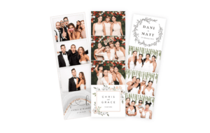 Three wedding photo booth strips capture groups posing playfully with props, each featuring floral or greenery-themed designs. Cards at the bottom display names like Viola & Warren, Chris & Grace, and Dani & Matt alongside their wedding details, all celebrated in vibrant Orlando style. Three wedding photo booth strips capture groups posing playfully with props, each featuring floral or greenery-themed designs. Cards at the bottom display names like Viola & Warren, Chris & Grace, and Dani & Matt alongside their wedding details, all celebrated in vibrant Orlando style.