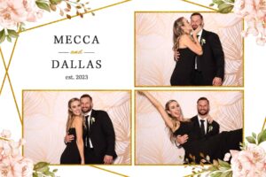 A couple posing playfully in three framed photos against a floral and leaf-patterned background, reminiscent of a selfie station. Text reads Mecca and Dallas, est. 2023. The frames are adorned with flowers and golden leaves, capturing their joyful and affectionate essence. A couple posing playfully in three framed photos against a floral and leaf-patterned background, reminiscent of a selfie station. Text reads Mecca and Dallas, est. 2023. The frames are adorned with flowers and golden leaves, capturing their joyful and affectionate essence.