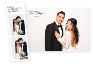 A wedding invitation featuring two photos. On the left, a playful photo booth strip captures the couple embracing and smiling. The right side showcases another image of them dressed elegantly with The Ellingers and the date 02.24.24, inviting you to join them in Orlando for their special day. A wedding invitation featuring two photos. On the left, a playful photo booth strip captures the couple embracing and smiling. The right side showcases another image of them dressed elegantly with The Ellingers and the date 02.24.24, inviting you to join them in Orlando for their special day, 360 photo booth rental, 360 video booth rental, 360 photo booth orlando, photo booth rental, photo booth rental orlando, selfie station rental