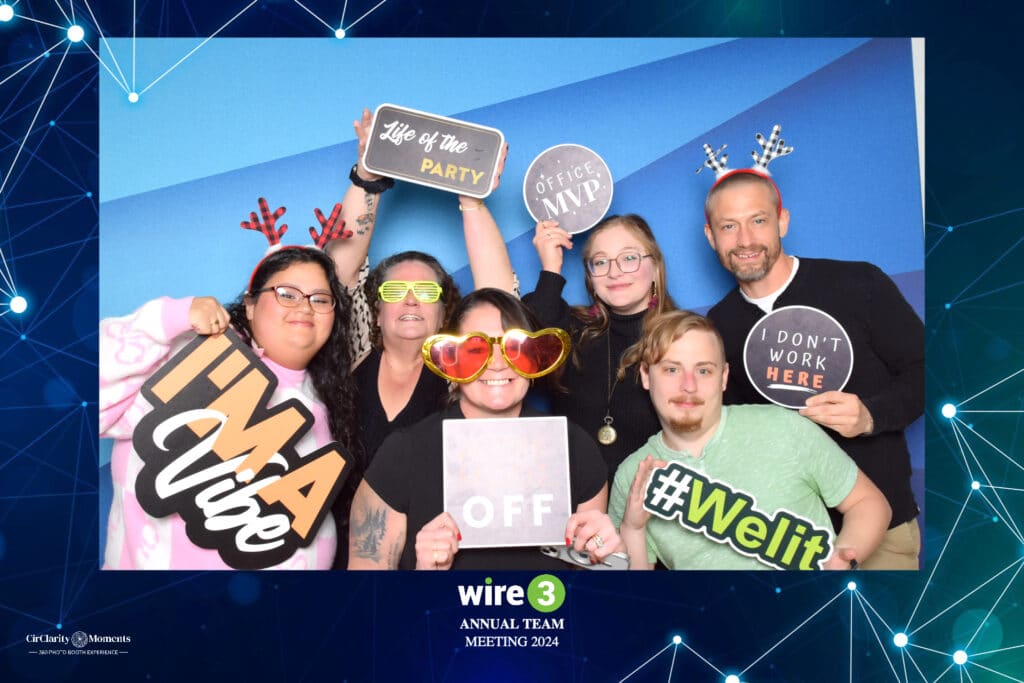 A group of six people pose playfully at a digital photo booth, holding signs like Life of the Party and #Welit. Some wear fun accessories like antler headbands and heart-shaped glasses. The backdrop reads Wire 3 Annual Team Meeting 2024.