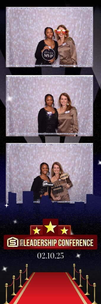 A series of three Digital Photo Booth images from the 2025 Leadership Conference captures two women striking poses with props, including a Fearless Leader sign and novelty glasses. The event backdrop is adorned with stars and a chic red carpet theme.