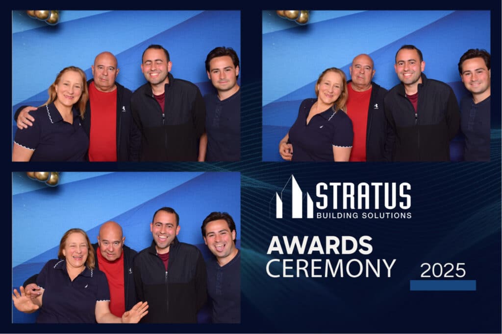 Four people posing together at an event, captured in a dynamic collage of digital photo booth images with varying poses and expressions. The backdrop proudly reads Stratus Building Solutions Awards Ceremony 2025, and they all appear happy and celebratory.