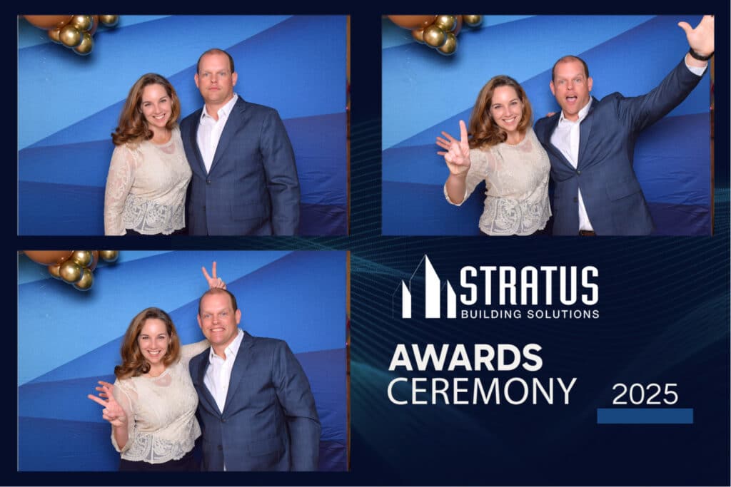 A woman and a man playfully pose in three shots against a blue backdrop adorned with balloons. Captured by a digital photo booth, the collage is from the Stratus Building Solutions Awards Ceremony 2025, featuring the logo on the bottom right corner for added flair.