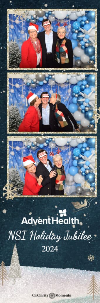 Three festive photos captured in a digital photo booth showcase three people in holiday attire and accessories, including Santa hats and reindeer antlers. The backdrop features blue and silver balloons, snowy trees, and snowflakes. Text: AdventHealth NSI Holiday Jubilee 2024.