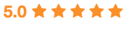 Image of a 5-star rating, all stars in orange, with the text 5.0 above and powered by Google below.