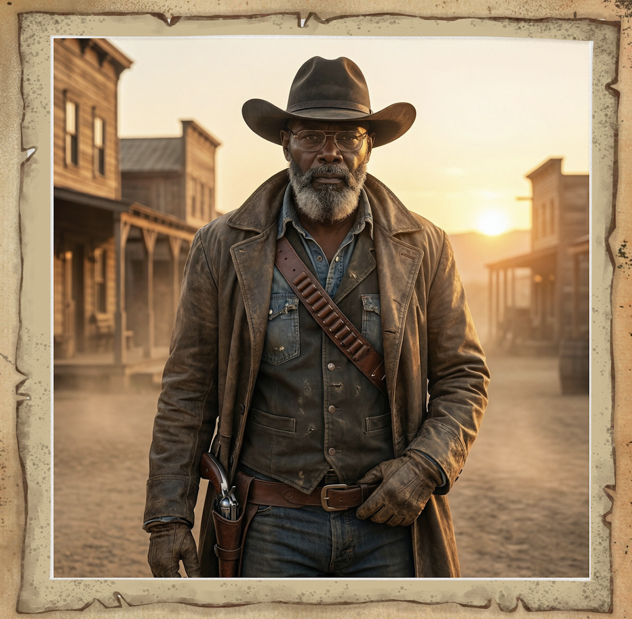 A bearded man in a cowboy hat and leather coat stands in a dusty western town at sunset, with wooden buildings in the background. He wears glasses, gloves, and a gun belt, evoking a classic Wild West scene.