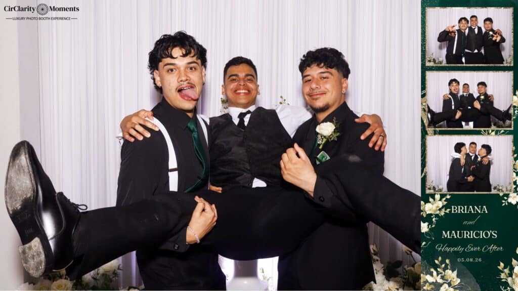 Three young men in formal attire smile and pose playfully; two hold up the third man. On the right, a green and gold Digital Photo Booth strip shows three smaller group photos with Briana and Mauricio&rsquo;s names and the date 01.06.24.