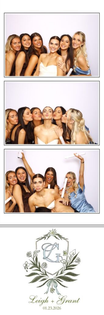 Six women in formal attire pose playfully in a Digital Photo Booth, hugging, smiling, and making silly faces. Below the photos is a floral monogram with the initials &ldquo;L&rdquo; and &ldquo;G,&rdquo; plus the names Leigh and Grant with the date 01.23.2026.